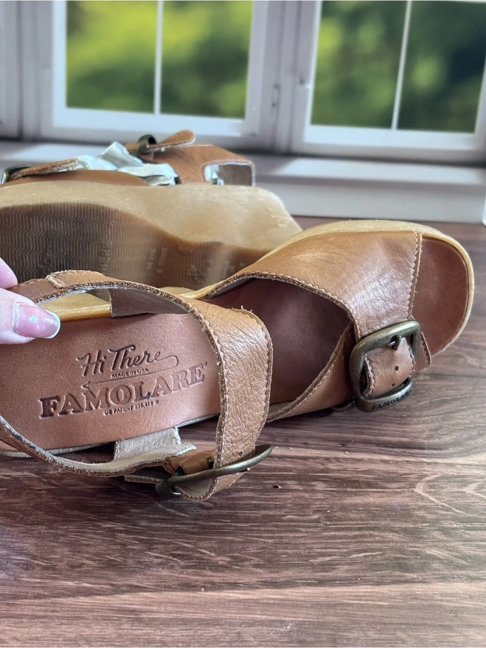 Famolare Double Vision Honey Leather Wedge Buckle Sandal size 9